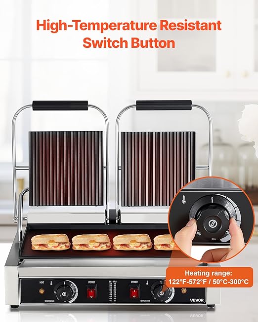 VEVOR Commercial Panini Grill, 3600W Electric Sandwich Panini Maker, Stainless Steel Double Sandwichs Press Grill with Handle and Temp Control, 19x9 in Flat Enamel Plate for Hamburger Steak Bacon