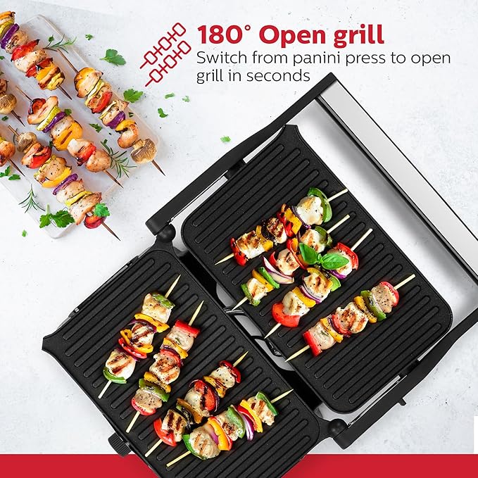 Holstein Housewares 2-Slice Panini Press and Grill - Black/Stainless Steel Sandwich Maker with Non-Stick Coating, Temperature Control, and Drip Tray - Opens 180 Degrees for Versatile Cooking