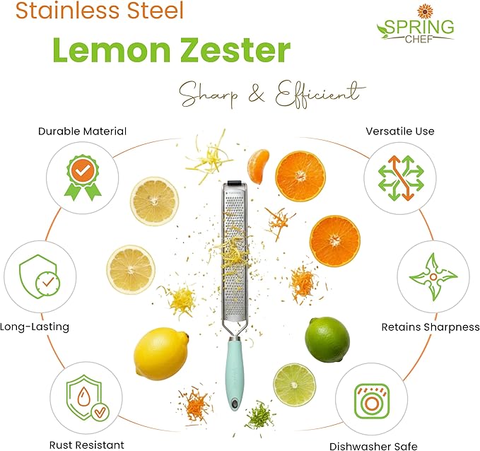 Spring Chef Stainless Steel Lemon Zester Grater with Handle - Garlic, Cheese, Parmesan, Nutmeg, Lime, Ginger Grater - Heavy Duty Kitchen Tool - Citrus Zester with Blade Cover - Fine Shred - Mint
