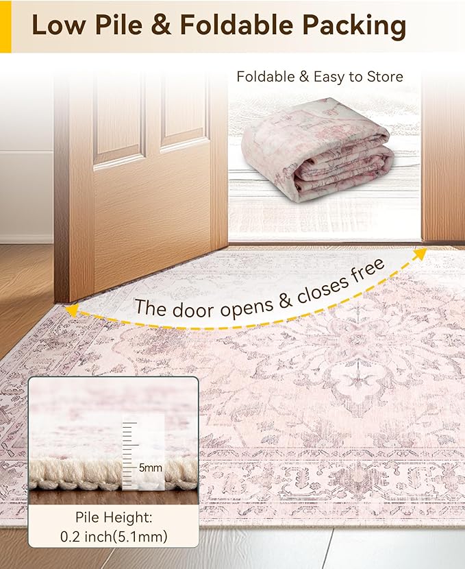 Area Rugs 2'x5' Runner Rug Non Slip Washable for Kitchen Hallway Bedroom Beside Laundry Room Bathroom Rug, Floor Carpet, Pink Greypink Cute