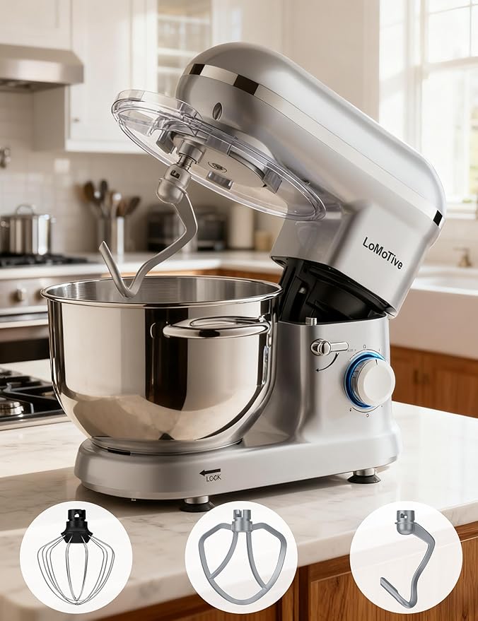 LoMoTive Stand Mixer 6QT Dough Maker - 660W Dough Mixer 6-Speed Electric Mixer with Egg Whisk Dough Hook Flat Beater for Home Kitchen SILVER