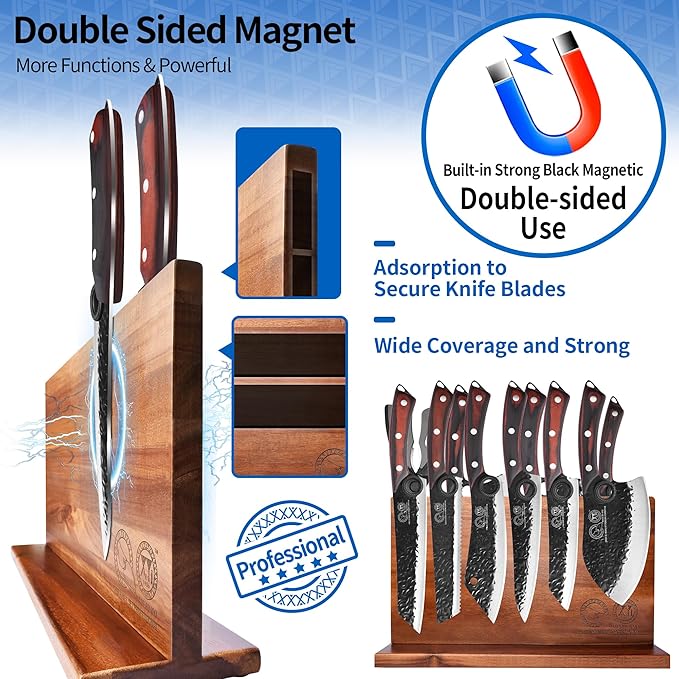 XYJ Knife Block Set, Professional Kitchen Knife Set with Magnetic Knife Block, Cutting Board, Honing Steel, High-Carbon Steel forged Blades, Chef's Knife, Cleaver, Carving Knife, Full Tang Design
