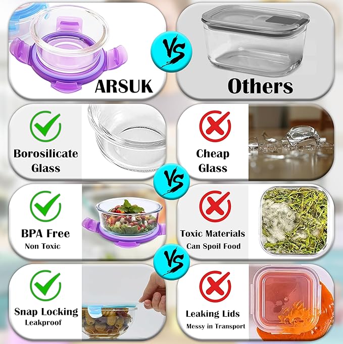 ARSUK 7oz Glass Food Storage Containers with Airtight BPA-Free Lids 6 Pack, 1 Cup Small Glass Freezer Containers for Sauce, Sides, Meal Prep - Reusable & Dishwasher Microwave Fridge Freezer Safe