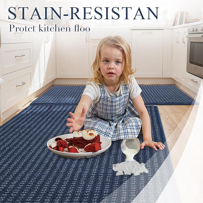 Kitchen Rugs,Non Slip Absorbent Kitchen Mats for Floor-Thick Stain Resistant Washable Kitchen Floor Mat Runner Carpet for Hallways,Entryway,Laundry Room,Sink(17"x29"+17"x59",Navy Blue,Roll Package)