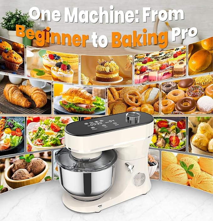 Bonnor Stand Mixer 6QT Kitchen Mixer with LED Smart Touchscreen, 11-Speed Tilt-Head Mixer with Timer, 4 Preset Menus, Stainless Steel Bowl, Dough Hook, Whisk, Beater,White