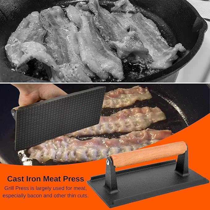 onlyfire Cast Iron Meat Press Grill Press with Wooden Handle, Great for Squeezing Fat from Meats, Flattening Bacon, Paninis, and Burgers