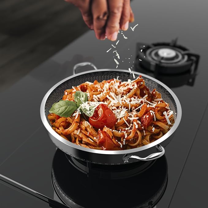 CATHYLIN 316L Stainless Steel 7QT Saute Pan Hexagon Nonstick Wok with Lid, Two Handle to Hold, PFOA Free, Dishwasher Oven Safe (12.5 inches,7QT)