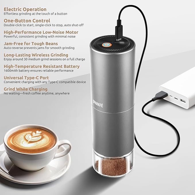 SPARKFE Portable Electric Coffee Grinder, Rechargeable Handheld Grinder with Stainless Steel Conical Burr, Adjustable Grind Settings, for Espresso, Moka, Pour Over, French Press, Cold Brew, Obsidian