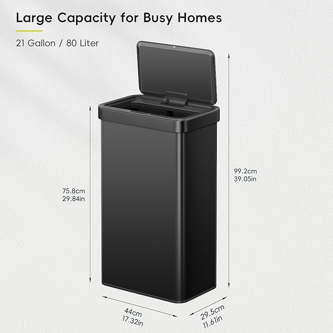 EKO Nova Sensor Trash Can, 21 Gallon/80 Liter Stainless Steel Rectangular Touchless Motion Sensor Trash Can, Matte Black