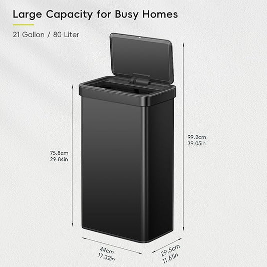 EKO Nova Sensor Trash Can, 21 Gallon/80 Liter Stainless Steel Rectangular Touchless Motion Sensor Trash Can, Matte Black