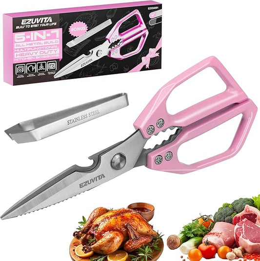 5-in-1 Multifunctional Heavy-Duty Kitchen Scissors with Tweezer, Pink All Purpose Kitchen Shears with Stainless Steel Blades, Dishwasher Safe Poultry Shears for Meat, Turkey, Vegetables