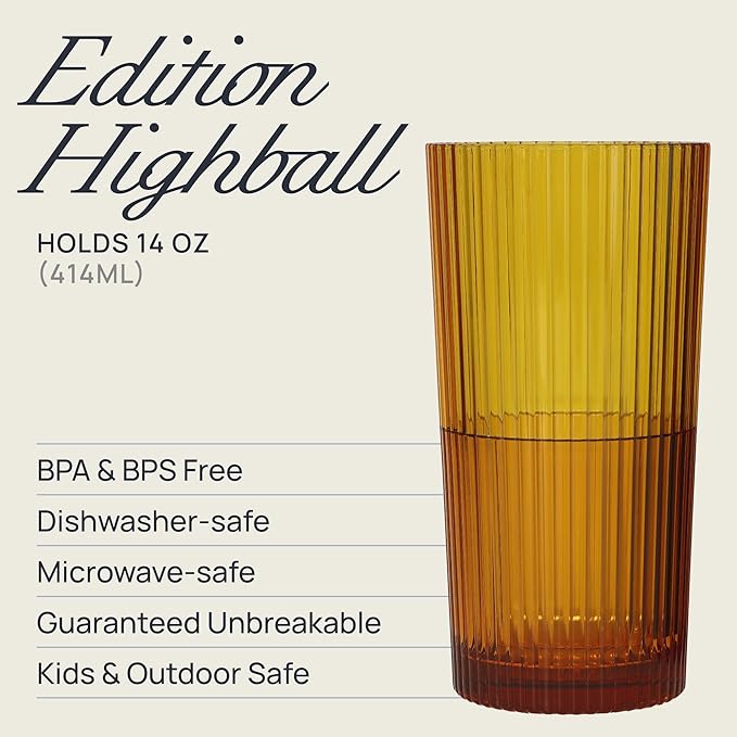 Drinique Unbreakable Edition Highball 14 oz Tritan Renew Plastic Highball Glass Amber 4-Pack