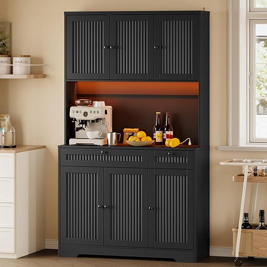 Pantry Cabinet with Charging Station and Light, Tall Kitchen Pantry Storage Cabinet with Microwave Stand, Wide Fluted Kitchen Hutch with Storage Drawers and Adjustable Shelves for Dining Room