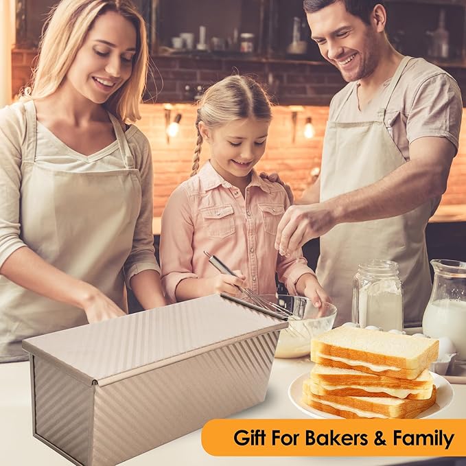 Spmarkt 2-pack 2.2lb Gold Pullman Loaf Pan with Lid, Premium Non-Stick Coating Bread Pan, PFTE and PFOA-Free, Safe and Healthy Baking for Homemade Bread with Family-sized Recipes