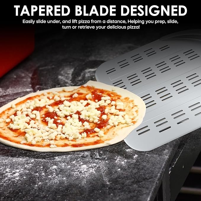 Pizza Peel – 12'' Aluminum Perforated Launch Placement Retrieving Peel – Metal Hanging Hook – Lightweight Turning Peel – Non-stick Pizza Paddle – Outdoor Pizza Oven Accessories