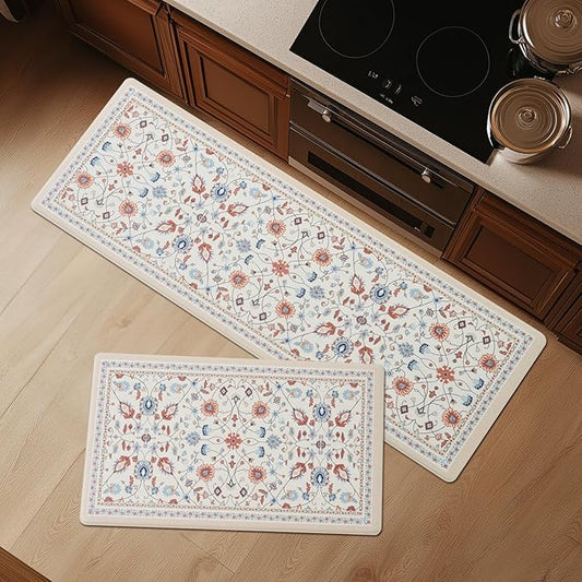FRESHMINT Anti Fatigue Kitchen Mats for Floor 2 Piece Set, Waterproof & Non-Skid Vintage Floarl Kitchen Rugs, Cushioned Kitchen Mat for Standing Washable Comfort Desk Kitchen Runners, 17x30''+17x47''