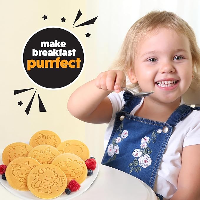 Kitty Friends Mini Pancake Pan - Make 7 Unique Flapjack Cat Designs, Nonstick Pan Cake Maker Griddle w Long Handle for Breakfast Animal Kitten Fun- Easy Cleanup, Fun Kids Gift or Party Dessert Treat