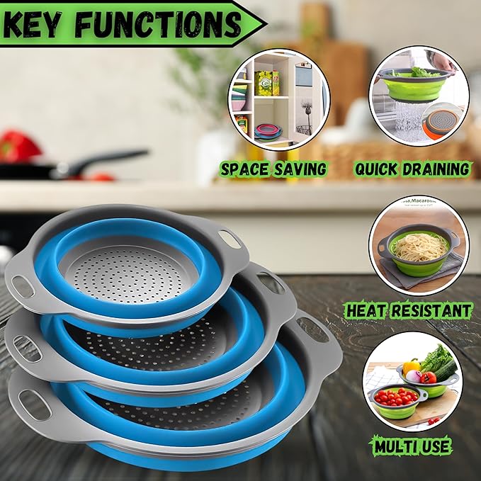 Collapsible Colander Set,Premium Food Grade Silicone Folding Strainers with Handles Space Saving Colanders for Draining Pasta,Vegetables & Fruits,Ideal for Kitchen & Travel (3pc(blue))