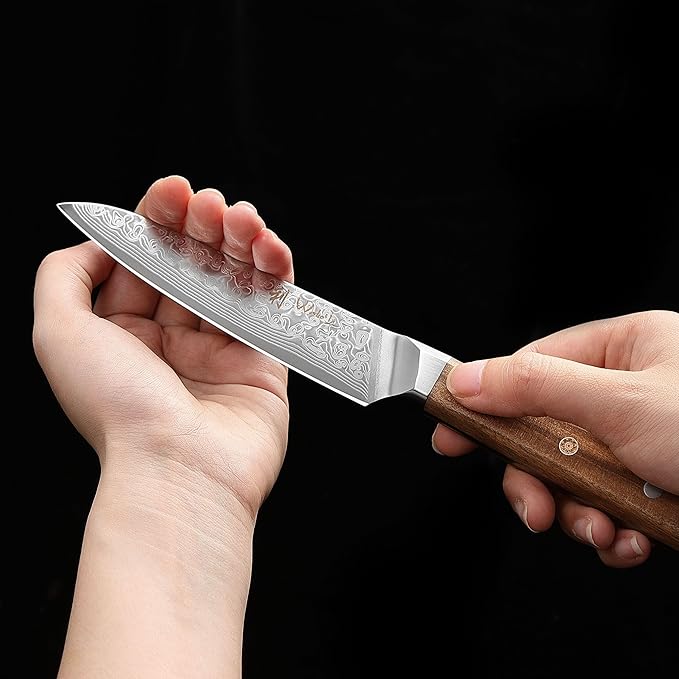 Wakoli Oribu Damascus All-Purpose Knife – Full Tang Kitchen Knife | 4.5-Inch Blade Made of 67-Layer Genuine Damascus Steel | Ergonomic Olive Wood Handle | Sharp & Durable