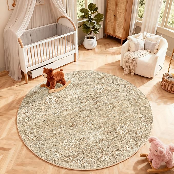 4x4 Round Bedroom Rug Washable: Round Area Rug Stain Resistant Boho Rug Non Slip Low Pile Small Carpet for Living Room Bedroom Kitchen Entryway Bedside Office Dorm Kids Room Entrance