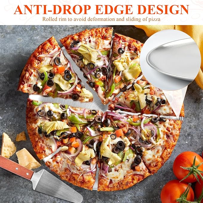 Milkary 8Pcs 12 Inch Pizza Pan, Stainless Steel Pizza Serving Tray with 4pcs Pizza Spatula, Round Non-Stick Coating Pizza Plate for Baking Cake Pie Serving Tableware Kitchen Home Restaurant
