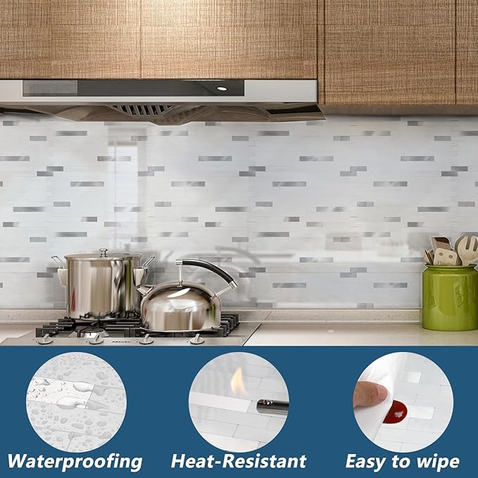 Yipscazo 2 Sheets Peel and Stick Stone Metal Backsplash Tiles, PVC Wall Tiles Stick on Backsplash for Kitchen, Bathroom (6'' X 12'', White with Grey)