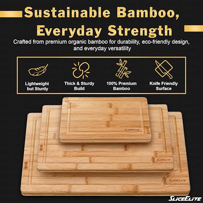 SliceElite Bamboo Cutting Board Set of 3 with Holding Rack and Silicone Feet Non Slip Storage Organizer with Handles Juice Grooves Space Saving Countertop Kitchen Wood Prep Boards Wooden Chopping