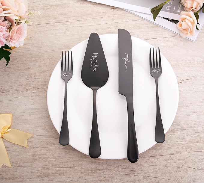 Wedding Cake Knife and Server Set, Cake Cutting Set for Wedding, 4 Pieces Cake Pie Sever set and Forks, Wedding Gifts, Bridal Shower Gifts for Couples (Black)