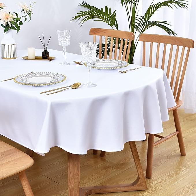 Wolkemer Small Oval Tablecloth 52 x 70 Inch Washable Fabric Table Cloth Solid White Table Cover for Dining Wedding Party Banquet Tabletop Decoration