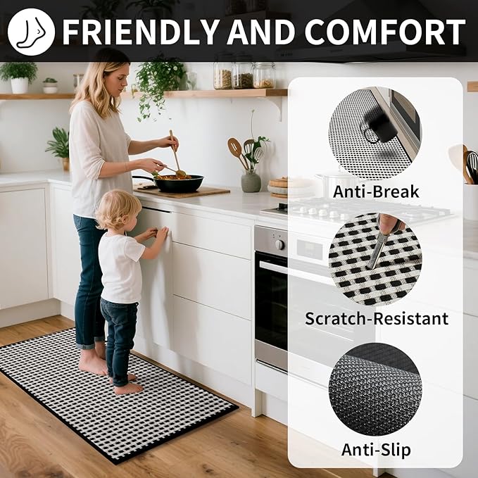 Kitchen Mat Kitchen Rugs Sets of 2 PCS Non Slip Washable, Super Absorbent Soft Braided Kitchen Mats for Floor, Rubber Backing Comfort Standing Kitchen Sink Mat Runner Rug, Black 17"x28"+17"x47"