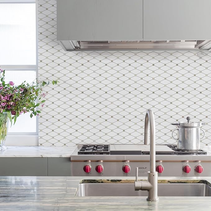 STICKGOO 1 Sheet Peel and Stick Backsplash, Pure White Marble Look PVC Mixed Metal Gold Kitchen Backsplash, Stick on Backsplash Wall Tiles for Kitchen, Bathroom, RV