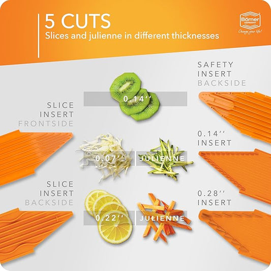 Mandoline Food Slicer Börner V1 (Profi Set) by Reston Lloyd • V-Slicer with 4 Inserts, Docking Station & Food Holder • Made in Germany • Fruit & Vegetable Chopper • Multiple Settings • Color: Orange