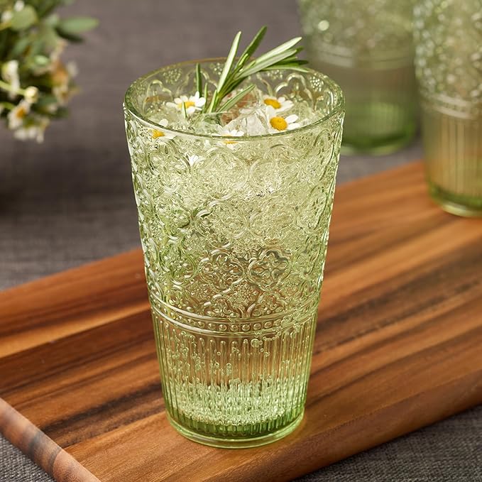 Victoria Green Set of 6 Premium Acrylic Ice Tea Glass 22 oz – Unbreakable Glassware with Elegant Embossed Design, Dishwasher Safe for Indoor & Outdoor Use