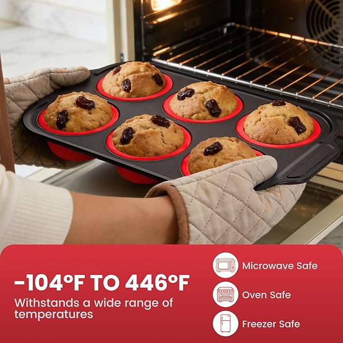 HE-SANQI Silicone Muffin Pan for Baking with Metal Reinforced Frame - 6 Cups Regular Size Cupcake Pan Muffin Tins Egg Bite Molds - Nonstick, Easy to Pop, Bakeware for Oven, BPA Free (6-Cups Red)