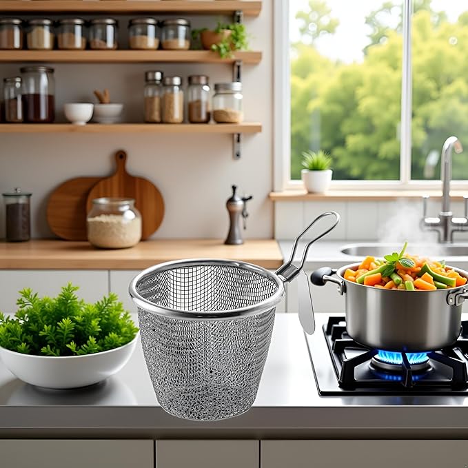 Stainless Steel Pasta Basket, Mesh Spider Food Dumpling Noodle Strainer, Fine Mesh Strainer with Handle, Food Strainers