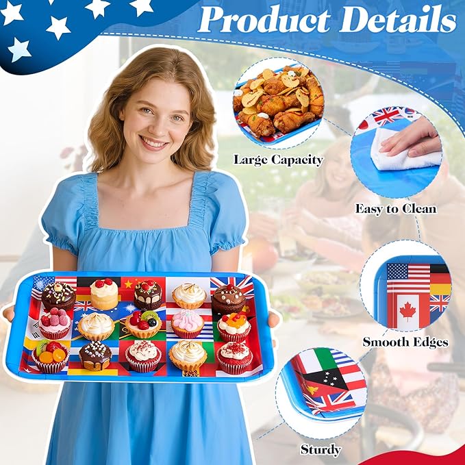Vesici 4 Pack World Flag Serving Trays 13x10 Melamine Platters for Around the World Party Decorations, Rectangular International Map Dishes for Multicultural Global Theme Appetizers, Missionary Events