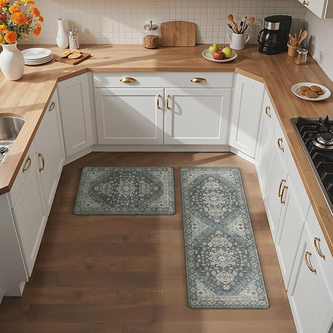 GENIMO Kitchen Mats for Floor, 2PCS Kitchen Rugs Non Slip Washable, Waterproof Anti Fatigue Mat, Comfort Standing Runner Rug for Sink, Office, Laundry, Home, 17.3"x47"+17.3"x30", Blue