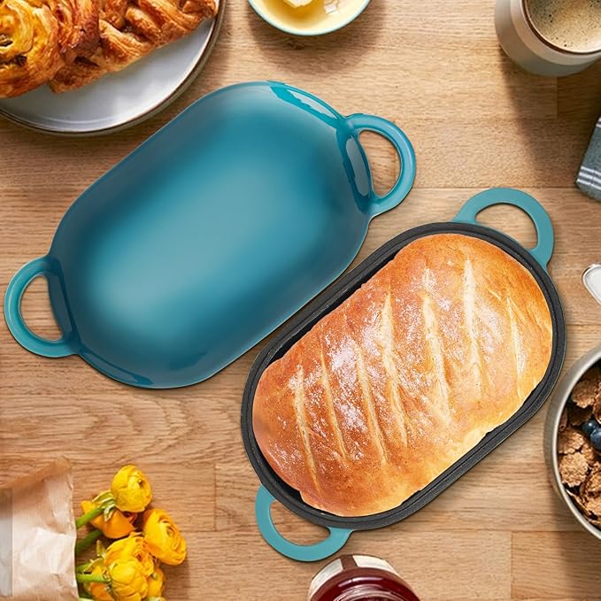 NSIRONS Enameled Cast Iron Sourdough Bread Oven, 5QT Loaf Cast Iron Bread Pan with Lid, Oval Dutch Oven for Homemade Bread Baking, Meatloaf Pan with Lid (Gradient Blue-green)