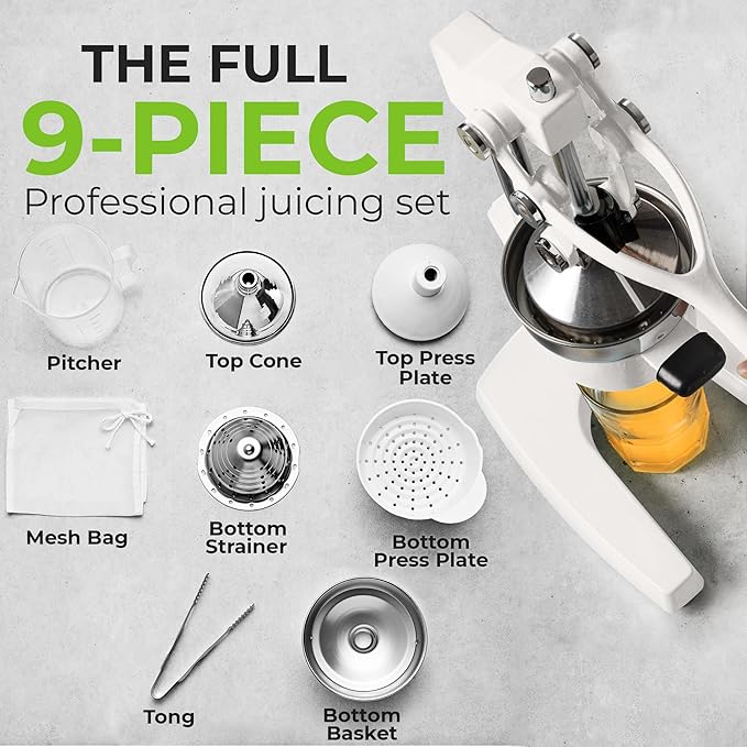 Zulay Kitchen 9 in 1 Cast Iron Juicer - Easy-to-Clean Heavy-Duty Manual Juicer with Presser Attachment to Juice All Types of Fruits! Extra Tall with Stainless Steel Bowl - White
