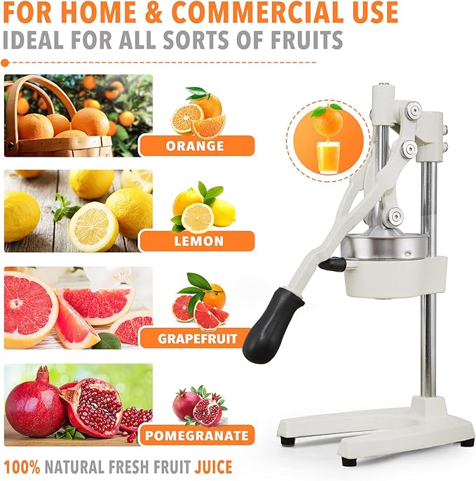19 Inch Height Extra Tall Commercial Heavy Duty Cast Iron Hand Press Manual Orange Citrus Lemon Lime Grapefruit Pomegranate Fruit Juice Squeezer Machine with Stainless Steel Cup White