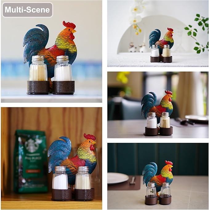 Rooster Salt and Pepper Shakers Set - Two Glass Shakers With Lids, Vintage Metal Rooster Holder Caddy For Spices And Seasonings, For Kitchen, Dining Or Table Decor (rooster)