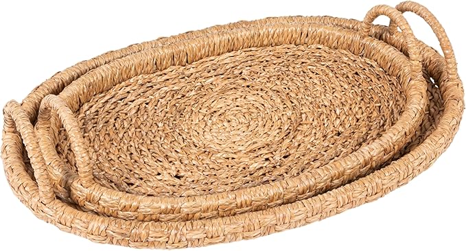 Bloomingville Decorative Handwoven 24" & 28" Oval Seagrass & Rattan Trays with Handles (Set of 2 Sizes)