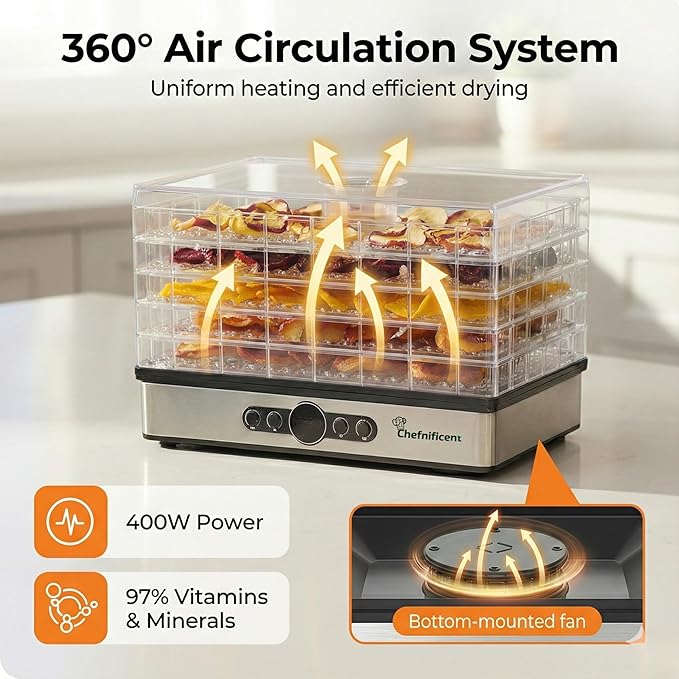 Food Dehydrator DryPro 400 Machine with 5 Adjustable Trays, Rapid 4 Hour Drying, BPA Free Fruit Dryer for Jerky, Herbs, Mushrooms, Freeze Dryer Alternative for Healthy Snack