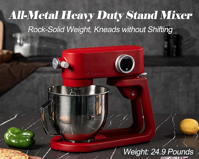 Kraftsman Stand Mixer Heavy Duty - All Metal Kitchen Standing Mixer 5.3 Quart with 4 Stainless Steel Attachments, DC Motor & Multifunctional Power Hub, 8-Speed & Timer, Lower Noise (Red)