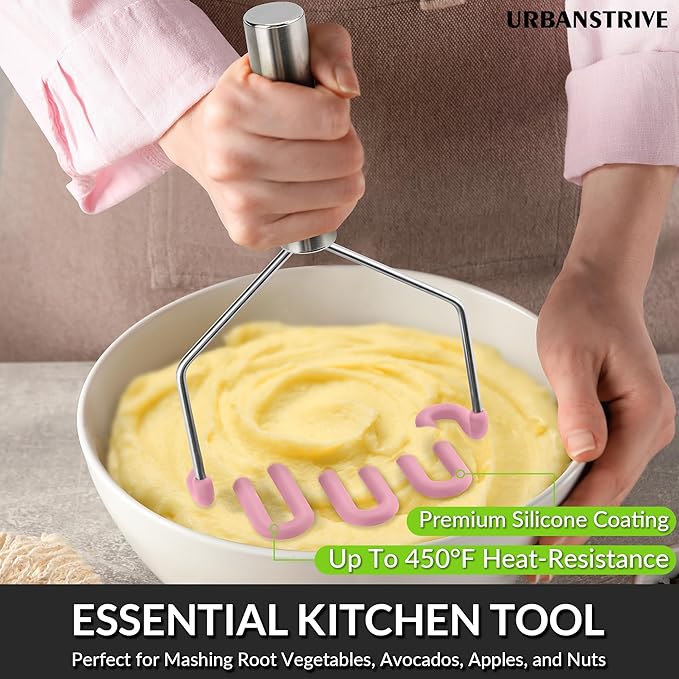 Urbanstrive Non-Scratch Silicone Potato Masher Kitchen Tool, Potatoes Masher Potato Masher Stainless Steel Wrapped In Premium Silicone, Potato Smasher, Pink