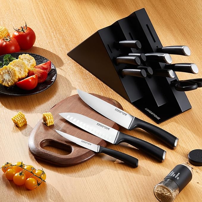 KINGSTONE 14-Piece Knife Block Set, Precision-Honed High-Carbon Stainless Steel Knives with Long-Lasting Sharpness, Ergonomic Balanced Handles for Home & Serious Cooks, Black