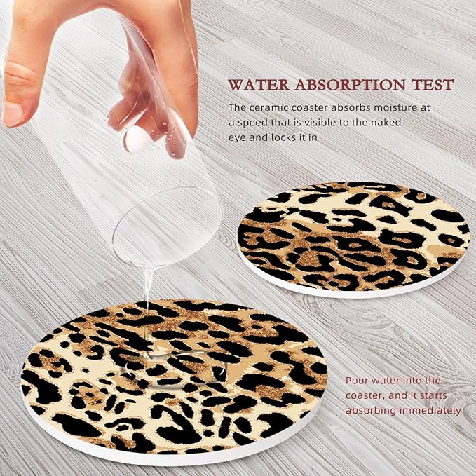 Coaster for Drinks Set of 6, Leopard Animal African Tiger Cheetah Absorbent Round Ceramic Stone Mat, with Cork Base and Metal Holder, Gift for Housewarming Room Bar Decor