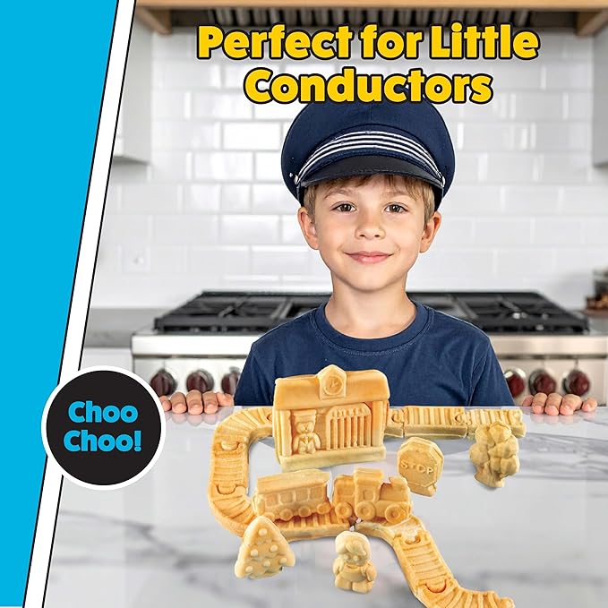 Train Set Waffle Maker – Build Track & Cargo Car Shaped Mini Waffles – Electric Non-Stick Plates, Dishwasher-Safe Removable Inserts for Kids Morning Breakfast, Pancakes, Snack, Family Fun Gift & Play!