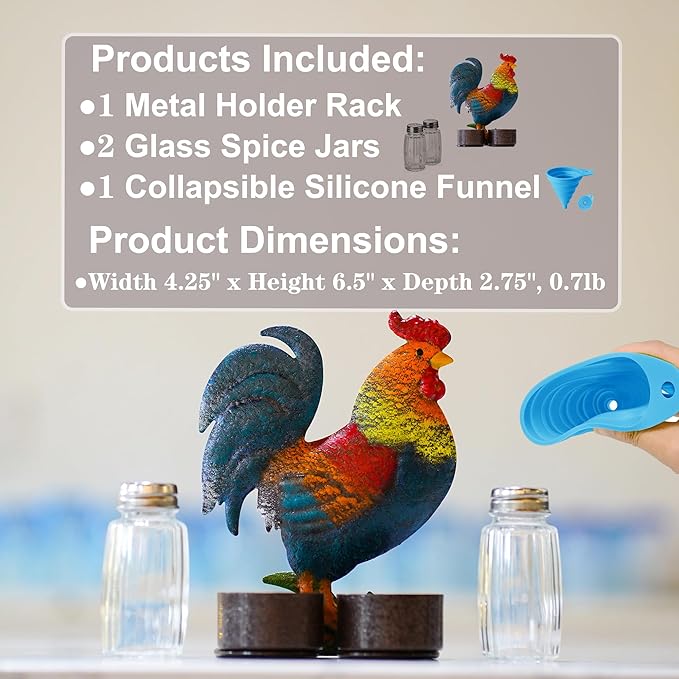 Rooster Salt and Pepper Shakers Set - Two Glass Shakers With Lids, Vintage Metal Rooster Holder Caddy For Spices And Seasonings, For Kitchen, Dining Or Table Decor (rooster)