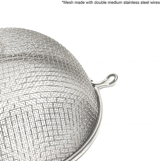 TrueCraftware- 8-Inch Double Medium Mesh Strainer Stainless Steel 6-1/2" Handle Length Wooden Handle- Kitchen Utensil Food Strainer Skimmer Spoon for Cooking Sieve Sifters Pasta Fruits Vegetable